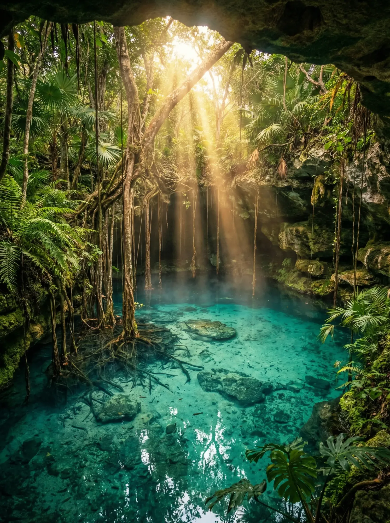 Sunlight falling through jungle canopy into the turquoise water of a Tulum cenote